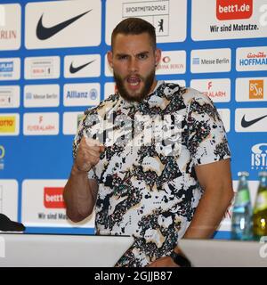 Berlin, Deutschland. September 2021. Pressekonferenz zum ISTAF Leichtathletik-Treffen (12. September): Speerwerfer Johannes Vetter. Quelle: Michael Hundt/dpa/Alamy Live News Stockfoto