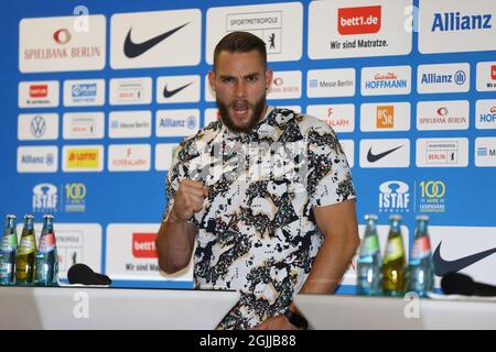 Berlin, Deutschland. September 2021. Pressekonferenz zum ISTAF Leichtathletik-Treffen (12. September): Speerwerfer Johannes Vetter. Quelle: Michael Hundt/dpa/Alamy Live News Stockfoto