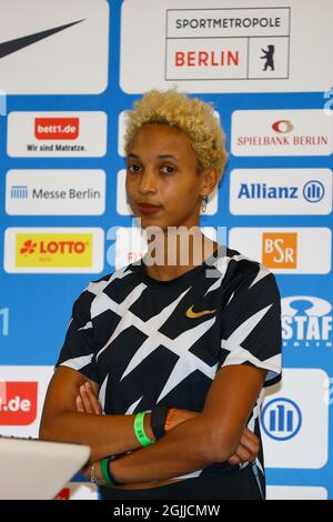 Berlin, Deutschland. September 2021. Pressekonferenz zum ISTAF Leichtathletik-Treffen (12. September): Olympiasiegerin im Weitsprung Malaika Mihambo. Quelle: Michael Hundt/dpa/Alamy Live News Stockfoto