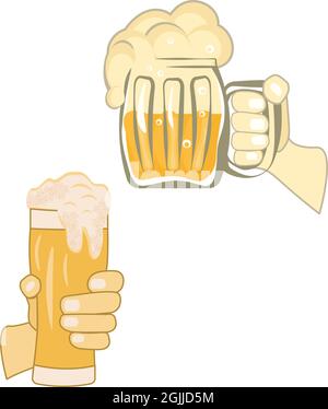 Die menschliche Hand hält einen Becher voll Lagerbier mit großem Schaum Stock Vektor