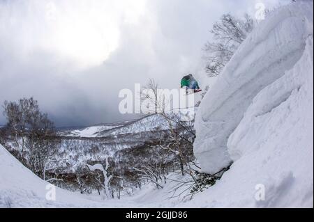 Ein Snowboarder springt von einem riesigen Schneekissen in tiefem Pulverschnee abseits der Piste in der Nähe der Stadt Niseko in der Subpräfektur Shiribeshi, Hokkaido, Japan. Stockfoto