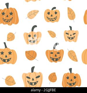 Nahtloser Hintergrund mit Kürbisgesichtern für Halloween. Herbsthintergrund mit Gemüse und Blättern. Vektor-Illustration von Cartoon Kürbis. Vorlage f Stock Vektor