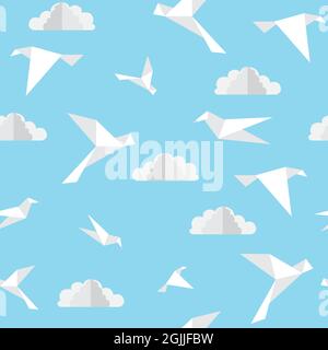 Nahtloses Vogel- und Wolkenmuster. Wiederhole die Vögel, die im Hintergrund des Himmels fliegen. Origami Papier Handwerk Stil. Vektor- und Illustrationsdesign. Stock Vektor