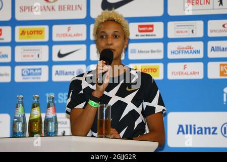 Berlin, Deutschland. September 2021. Pressekonferenz zum ISTAF Leichtathletik-Treffen (12. September): Olympiasiegerin im Weitsprung Malaika Mihambo. Quelle: Michael Hundt/dpa/Alamy Live News Stockfoto