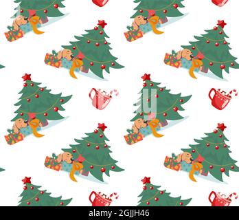 Labrador unter dem Weihnachtsbaum, Weihnachten, Geschenke. Nahtloses Muster im Cartoon-Stil. Isoliert auf weißem Hintergrund Vektor. Stock Vektor