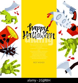 Happy halloween - modernes buntes Poster im Cartoon-Stil. Radioaktiver Feiertag. Zombies, Waffen, blutige Hände, giftige Abfallfässer, Kettensäge, axe, Pistole A Stock Vektor
