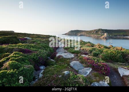 Shipman Kopf nach unten auf Bryher. Isles of Scilly, Cornwall, Großbritannien. Blick über den Hafen von New Grimsby in Richtung Cromwell's Castle auf Tresco. Stockfoto