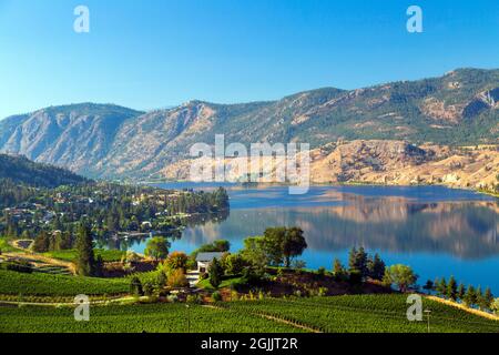 Blick auf den Skaha Lake von den Heritage Hills im Okanagan Valley zwischen Okanagan Falls und Penticton, British Columbia, Kanada. Stockfoto