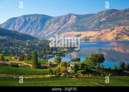 Blick auf den Skaha Lake von den Heritage Hills im Okanagan Valley zwischen Okanagan Falls und Penticton, British Columbia, Kanada. Stockfoto