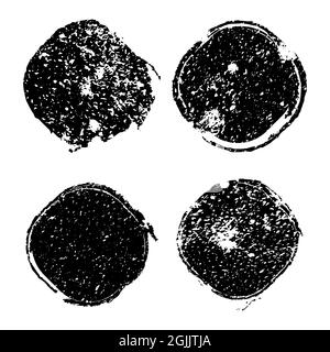 Serie von schwarzen grungigen Postmarken. Vektor Distress Texturen von Rissen, Flecken, Punkte. Leere staubige Formen für Banner, Logo, Symbole, Abzeichen, Embleme, Beschriftungen Stock Vektor