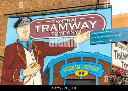 Vintage-Zeichen der historischen Central Tramway Company, die seit 1905 Menschen vom Stadtzentrum zum Strand bringt. Stockfoto