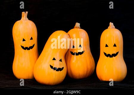 Vier Kürbisse mit fröhlichen heimtückischen Gesichtern an Halloween auf schwarzem Hintergrund, Copyspace. Hochwertige Fotos Stockfoto