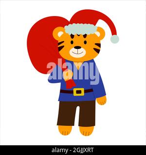 Cartoon-Illustration für Kinder. Ein Tiger in einem Neujahrshut mit einer Tasche von Geschenken. vektor Stock Vektor