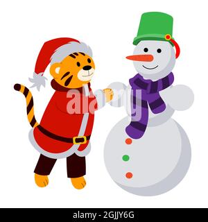 Cartoon Illustration für Kinder. Ein Tiger in einem Santa Kostüm macht einen Schneemann. vektor Stock Vektor