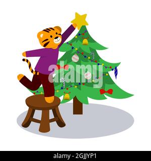 Cartoon-Illustration für Kinder. Ein Tiger schmückt einen festlichen Weihnachtsbaum, Weihnachten, Neujahr. vektor Stock Vektor