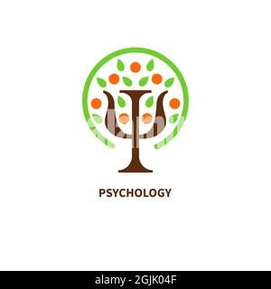 Buchstabe PSI in Form eines Apfelbaums mit Blättern und Früchten. Psychologie-Symbol. Logo des Psychologen. Therapiesymbol. Psychotherapiekonzept. Vektorgrafiken Stock Vektor