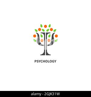 Buchstabe PSI in Form eines Apfelbaums mit Blättern und Früchten. Psychologie-Symbol. Logo des Psychologen. Therapiesymbol. Psychotherapiekonzept. Vektorgrafiken Stock Vektor