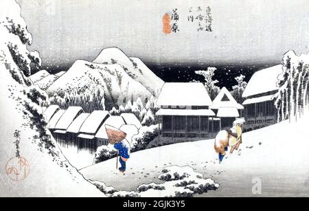 53 Stationen der Tokaido Hoeido Edition „Kanbara (Evening Snow)“ von Utagawa Hiroshige (1797 -1858), Edo-Zeit, 1833 Stockfoto