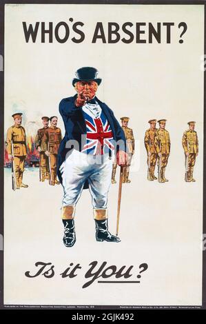 WWI John Bull Poster - „Wer ist abwesend? Bist du es?“ Stockfoto