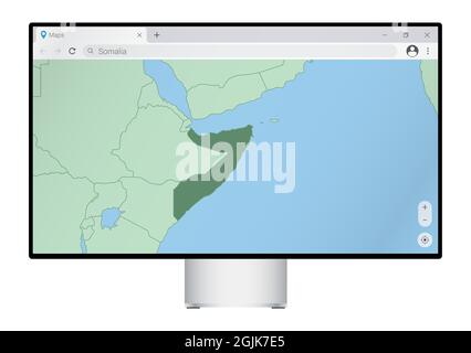 Computermonitor mit Karte von Somalia im Browser, Suche nach dem Land von Somalia auf dem Web-Mapping-Programm. Vektorvorlage. Stock Vektor