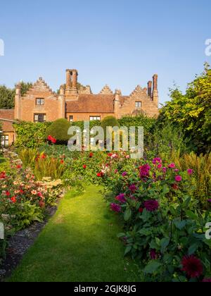 Viele farbenfrohe Dahlien im versunkenen Garten des Chenies Manor House, Buckinghamshire.eine Fülle von roten, orangefarbenen, violetten Dahlien in voller Blüte. Stockfoto