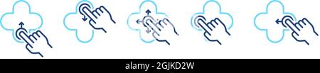 Handgestengruppe mit verschiedenen Wischseiten. Gerätebildschirm mit Handsymbolen. Einfache UI-Steuerelemente für Web-Elemente. Stock Vektor