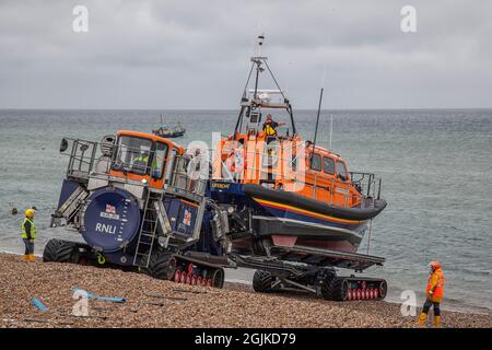 RNLI-Boot am Selsey Beach Stockfoto