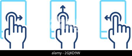 Einrichten von Wischgesten nach oben, rechts und links auf dem Telefon. Mobiler Bildschirm mit blauen Handsymbolen. UI Control Web-Elemente. Stock Vektor