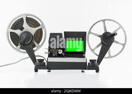 Vintage 8mm Film Editing Maschine mit Chroma Green Screen. Stockfoto