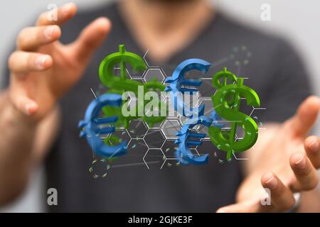3D-Modellierung des wichtigsten Weltwährungsthemas und Dollar- und Euro-Symbole zwischen menschlichen Händen Stockfoto