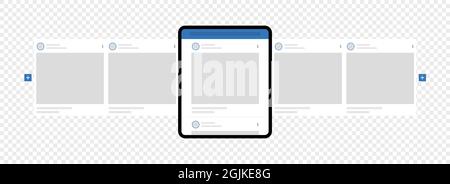 Kiew, Ukraine - 1. August 2021: Tablet-pc mit Facebook-Karussellposten. Werbeanzeigen in sozialen Netzwerken für beliebte Anwendungsschnittstellen. Facebook-Karussell-Schnittstelle Stock Vektor