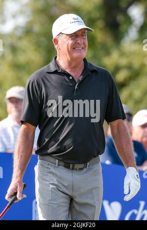 Jennings, USA. September 2021. 10. September 2021: Fred Funk aus Austin Texas vom ersten Abschlag während der ersten Runde des Ascension Charity Classic im Norwood Hills Country Club in Jennings, MO Richard Ulreich/CSM Credit: CAL Sport Media/Alamy Live News Stockfoto