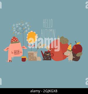 Illustration mit niedlichen Cartoon-Tieren und Herbst-Elementen Stock Vektor