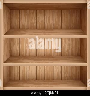 Realistisches Bücherregal aus Holzbrettern. Leere Vorlage für das Bücherregal-Modell. Alte Holzregale für Bibliothek, Büro und Schule Innenarchitektur. Stock Vektor