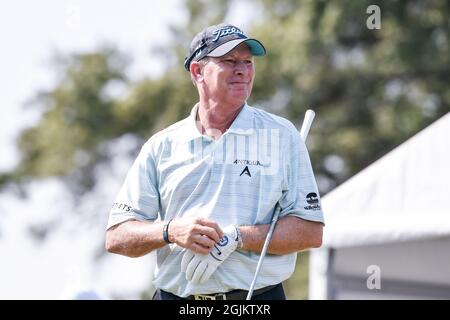 Jennings, USA. September 2021. 10. September 2021: Woody Austin aus Derby Kansas vom ersten Abschlag während der ersten Runde des Ascension Charity Classic im Norwood Hills Country Club in Jennings, MO Richard Ulreich/CSM Credit: CAL Sport Media/Alamy Live News Stockfoto