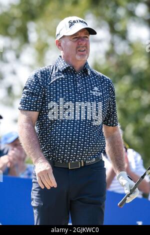 Jennings, USA. September 2021. 10. September 2021: Rod Pampling aus Brisbane Australien vom ersten Abschlag während der ersten Runde des Ascension Charity Classic im Norwood Hills Country Club in Jennings, MO Richard Ulreich/CSM Credit: CAL Sport Media/Alamy Live News Stockfoto