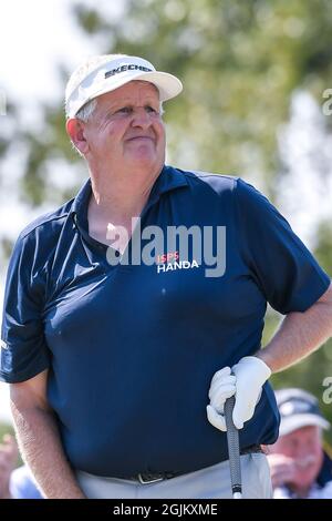 Jennings, USA. September 2021. 10. September 2021: Colin Montgomerie von Royal Troon Scottland vom ersten Abschlag während der ersten Runde des Ascension Charity Classic im Norwood Hills Country Club in Jennings, MO Richard Ulreich/CSM Credit: CAL Sport Media/Alamy Live News Stockfoto