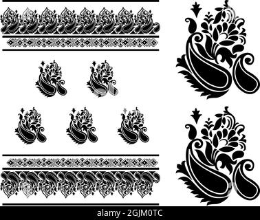 Boho-Blumenmuster inspiriert von Mehndi – illustration im indischen Stil mit auffälligem Schwarz-Weiß-Kalligrafie. Nahtloser Rand Stockfoto