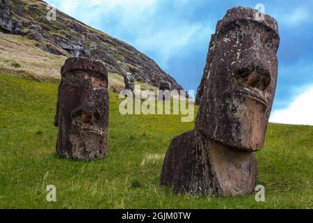 MAOI-Statue im Rano Raraku-Steinbruch auf der Osterinsel, Chile, Polynesien Stockfoto