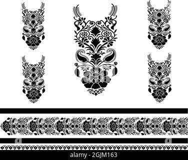 Boho-Blumenmuster inspiriert von Mehndi – illustration im indischen Stil mit auffälligem Schwarz-Weiß-Kalligrafie. Nahtloser Rand Stockfoto