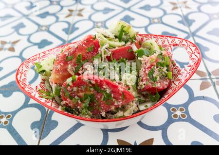 Nationaler georgischer Salat mit frischem Gemüse, Tomaten und Kräutern, Zwiebeln und Koriander. Stockfoto