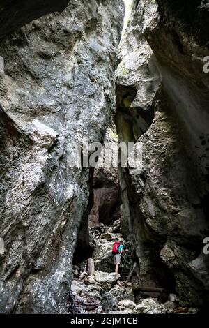 Frau Mit Rucksack Wanderungen Durch Den Engen Canyon In Den Österreichischen Alpen Stockfoto