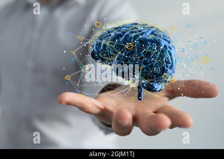 3D-Rendering eines holographischen, digitalen menschlichen Gehirns, das die Idee vermittelt Stockfoto