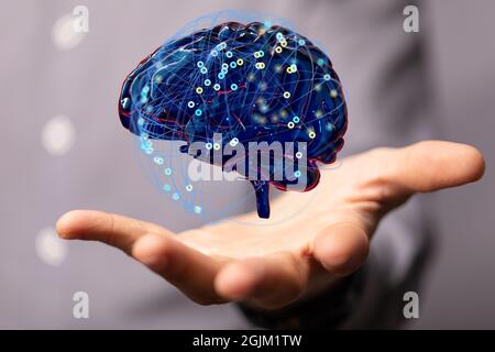 3d-Modell einer kabelgebundenen Gehirndarstellung im Stil künstlicher Intelligenz über einer menschlichen Hand Stockfoto