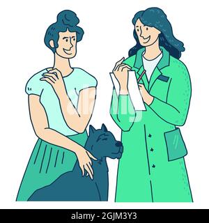Frau mit Hund bekommen professionelle Tierarzt Beratung, flache Cartoon-Vektor-Illustration isoliert. Stock Vektor