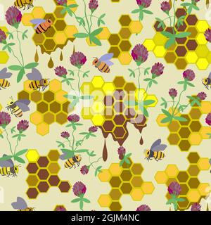 Vektor-Muster mit Biene, Wabe, Kleeblüten. Stock Vektor