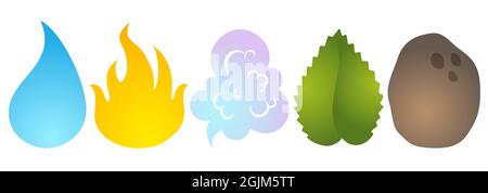 Vektordarstellung von Naturelementen. Vektorset-Symbole von fünf Elementen. Wasser, Feuer, Luft, Boden und Anlage. Stock Vektor