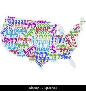 Wortwolke von vielen Farben in Form von Nordamerika, auf einem weißen Hintergrund gefüllt mit der Phrase in Englisch geschrieben Happy New Year 2022 Stockfoto