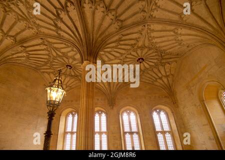 Laterne und kunstvoll geschnitzte Steindecke des Bodley Tower über der Bodley Tower Hall-Treppe, die zur Großen Halle, Christ Church College, University of Oxford, Oxford, England führt, VEREINIGTES KÖNIGREICH. Stockfoto