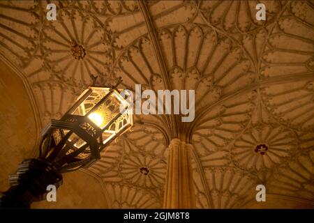 Laterne und kunstvoll geschnitzte Steindecke des Bodley Tower über der Bodley Tower Hall-Treppe, die zur Großen Halle, Christ Church College, University of Oxford, Oxford, England führt, VEREINIGTES KÖNIGREICH. Stockfoto